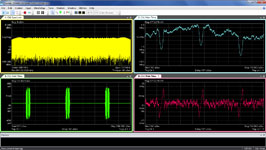 Agilent 89600B screen display of a 100 MHz linear FM chirp. The signal was captured using the M9392A PXI VSA, then a small section of the streamed file was saved to a file using the DataViewer and then imported into the 89600B for analysis